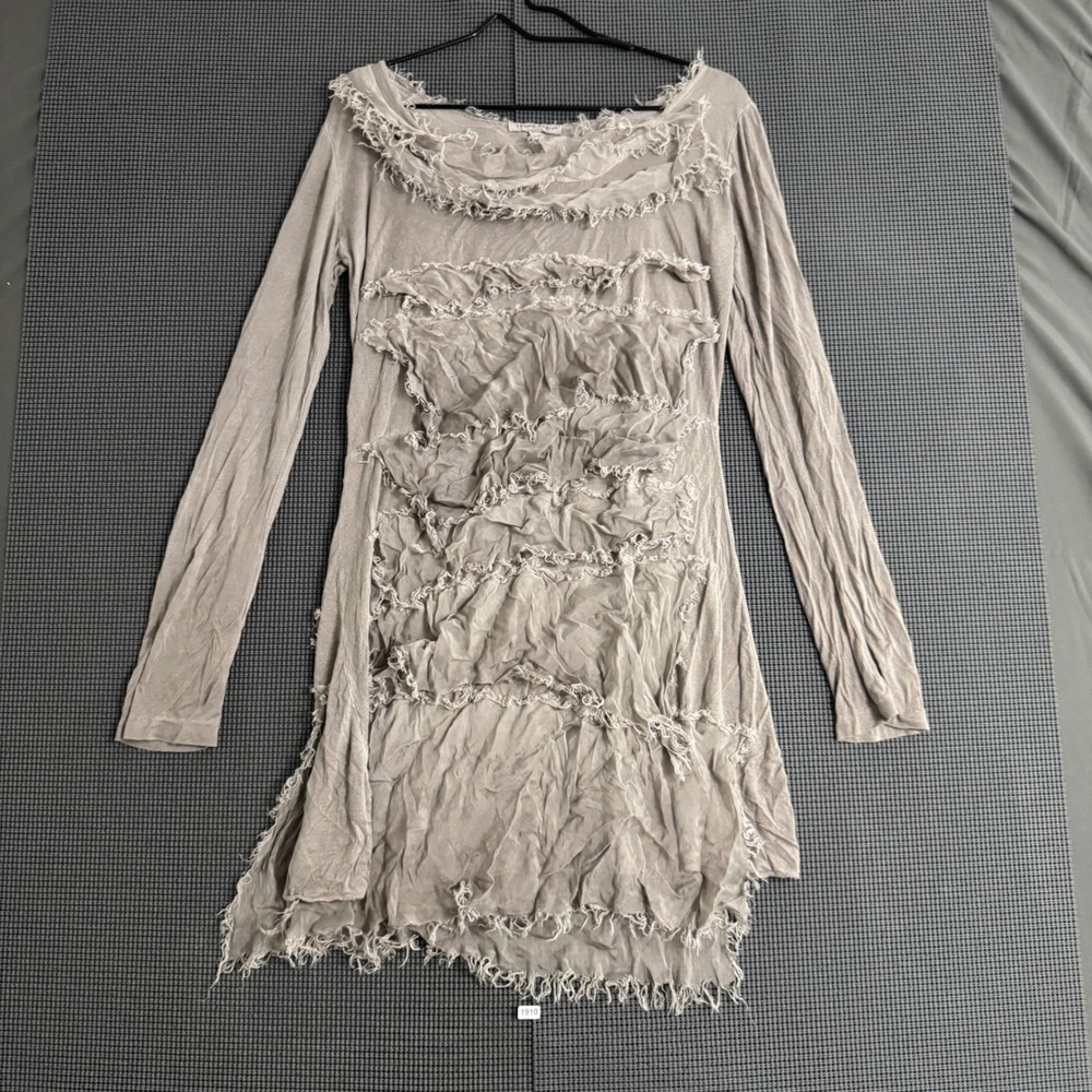 Tempo Paris Tunic Top Womens XL Gray Long Sleeve Frayed Raw Edge Deconstructed